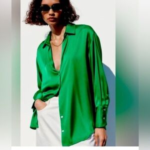 Zara Satin Effect Button Down Green